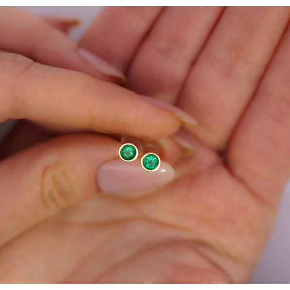 Natural 1/2 Carat Emerald Round Bezel Stud Earrings 14K Gold