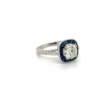 Natural 1.40 Carat Round Cut Diamond With Blue Sapphire Halo in Filigree Art Deco Ring Setting – Assay Jewelers
