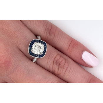 Natural 1.40 Carat Round Cut Diamond With Blue Sapphire Halo in Filigree Art Deco Ring Setting – Assay Jewelers