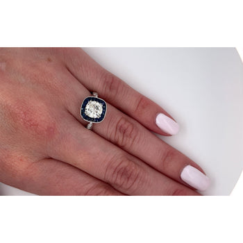 Natural 1.40 Carat Round Cut Diamond With Blue Sapphire Halo in Filigree Art Deco Ring Setting – Assay Jewelers