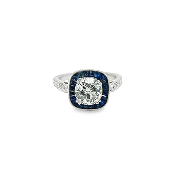 Natural 1.40 Carat Round Cut Diamond With Blue Sapphire Halo in Filigree Art Deco Ring Setting – Assay Jewelers