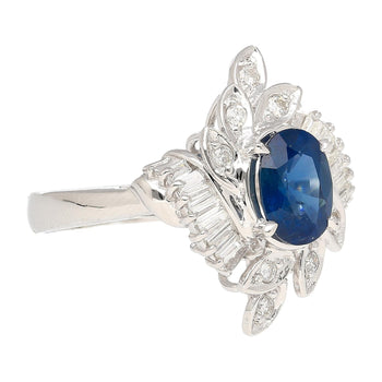 Bague florale en platine avec saphir bleu ovale naturel de 1,52 carat et diamants – Assay Jewelers