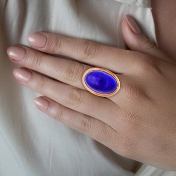 Natural 47.01 Carat Blue Lapis Lazuli in 18K Rose & White Gold Oval Bezel Ring – Assay Jewelers