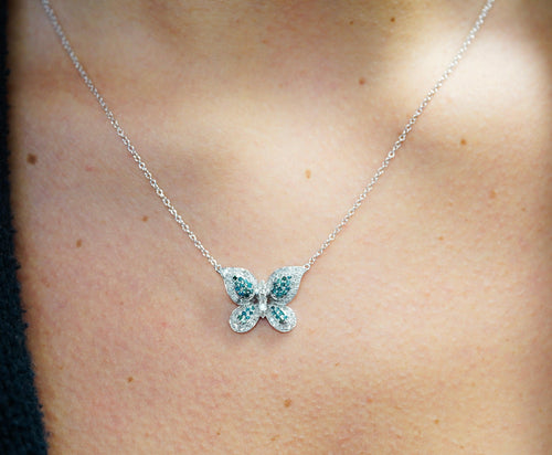 Natural Blue and White Diamond Cluster Butterfly Charm Floating Pendant Necklace-Necklace-ASSAY