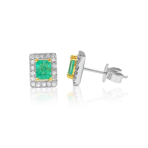 Natural Emerald Stud Earrings with diamond halo in 18k Solid Gold