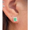 Natural Emerald Stud Earrings with diamond halo in 18k Solid Gold