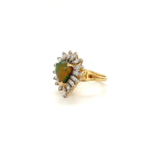 Natural Pear Shape Opal and Marquise Cut Diamond Halo Ring