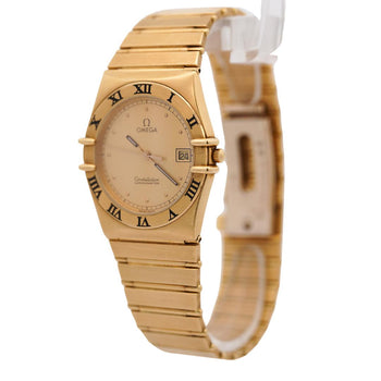 Omega Constellation Manhattan 18K Gold Roman Numeral Bezel Champagne Dial Watch – Assay Jewelers