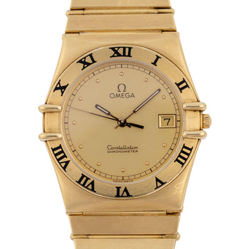 Omega Constellation Manhattan 18K Gold Roman Numeral Bezel Champagne Dial Watch – Assay Jewelers