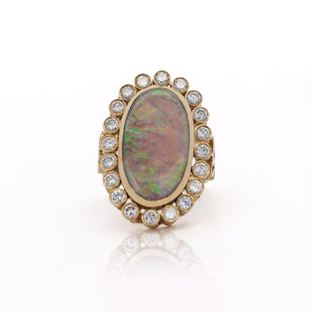 Oval Boulder Opal & 2 Carat Round Cut Diamond Halo 18K Gold Vintage Ring – Assay Jewelers