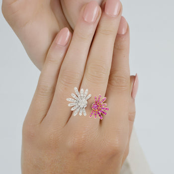 Pink Sapphire and Diamond Flower Motif Open Toi Et Moi Ring in 18K White Gold – Assay Jewelers