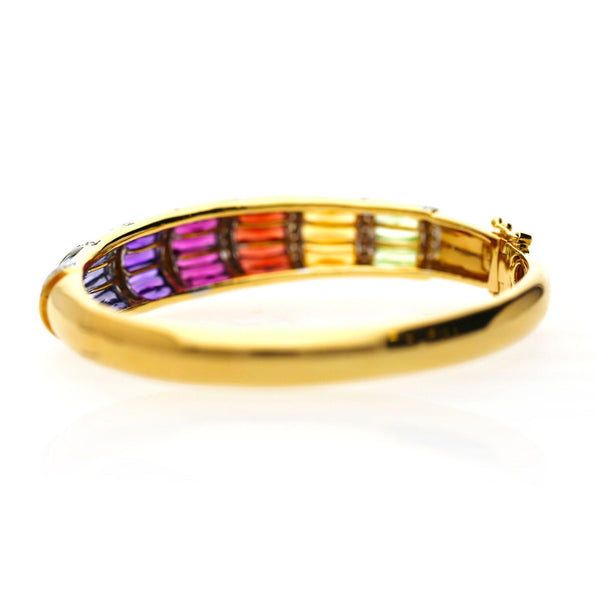 Rainbow Multi-Color Gemstone Baguette 18K Gold Band Bangle Bracelet