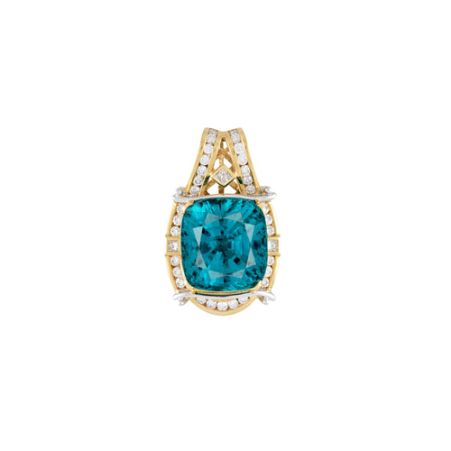 Rare GIA Certified 50 Carat Greenish Blue Zircon Pendant Necklace with Diamonds in Platinum & 18K Yellow Gold