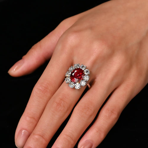 Rare Vivid Red 5.81 Carat Oval Cut Siam Ruby & Diamond Halo Ring