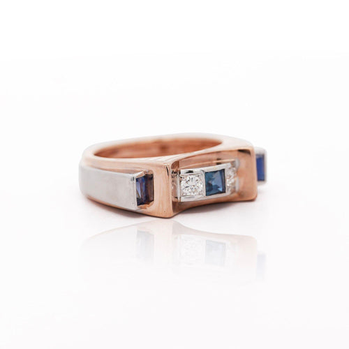 Retro Style Sapphire & Diamond Channe 14K Two Tone Unisex Band Ring