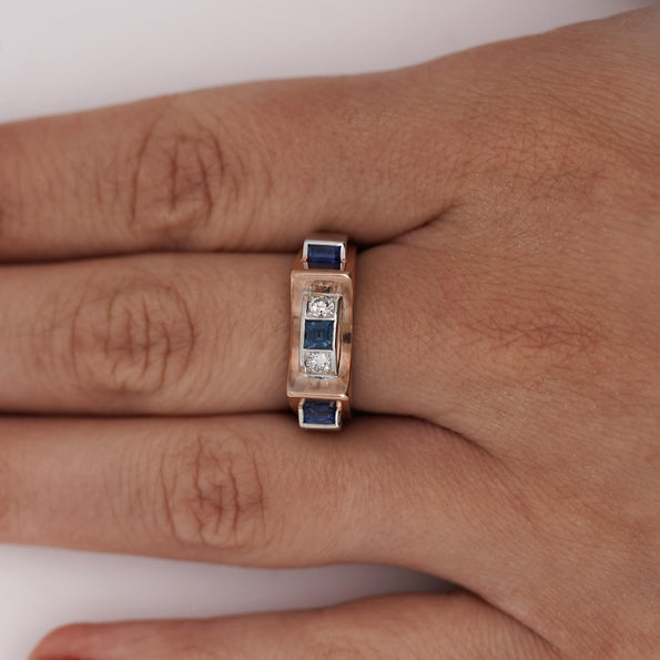 Retro Style Sapphire & Diamond Channel 14K Two Tone Unisex Band Ring