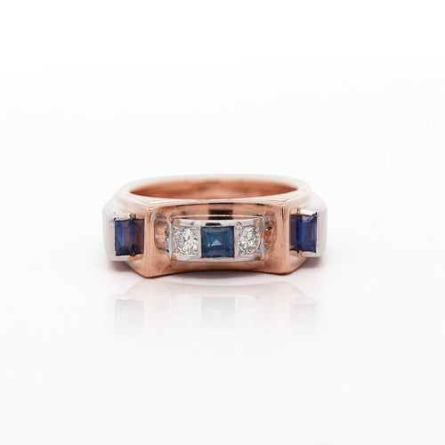 Retro Style Sapphire & Diamond Channe 14K Two Tone Unisex Band Ring