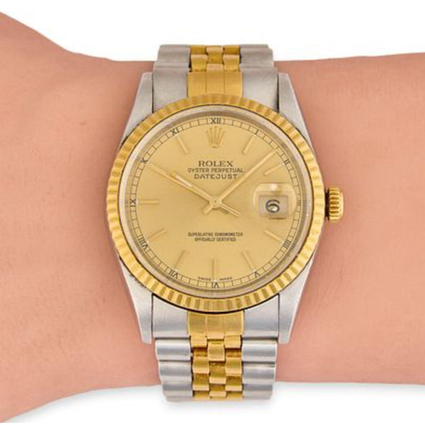 Rolex Datejust 16233 Champagne Dial Fluted Bezel On Jubilee Watch Full Set