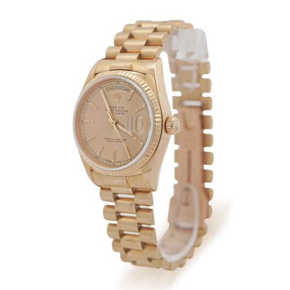 Rolex Daydate 36mm 18K Gold Fluted Bezel Champagne Tapestry Presidential Watch