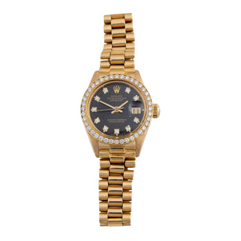 Montre Rolex Datejust 6917 26 mm en or 18K, bracelet President, lunette diamantée, cadran noir – Assay Jewelers