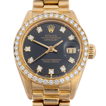 Montre Rolex Datejust 6917 26 mm en or 18K, bracelet President, lunette diamantée, cadran noir – Assay Jewelers