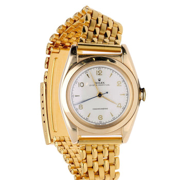 Rolex OP 3131 Bubbleback 18K Gold 31mm Chronometre White Arabic Dial Watch – Assay Jewelers