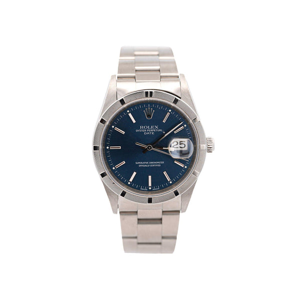 Rolex OP Date 15210 Steel Blue Dial Engine Turned Bezel Watch