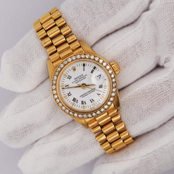 Rolex OP DateJust Presidential White Face 26mm Diamond Bezel 18K Gold Watch – Assay Jewelers
