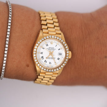 Rolex OP DateJust Presidential White Face 26mm Diamond Bezel 18K Gold Watch – Assay Jewelers