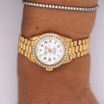 Rolex OP DateJust Presidential White Face 26mm Diamond Bezel 18K Gold Watch – Assay Jewelers