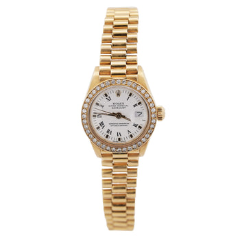 Rolex OP DateJust Presidential White Face 26mm Diamond Bezel 18K Gold Watch – Assay Jewelers