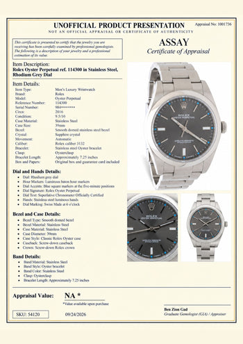 Rolex Oyster Perpetual 114300, cadran rhodié, 39 mm, montre en acier inoxydable, set complet – Assay Jewelers