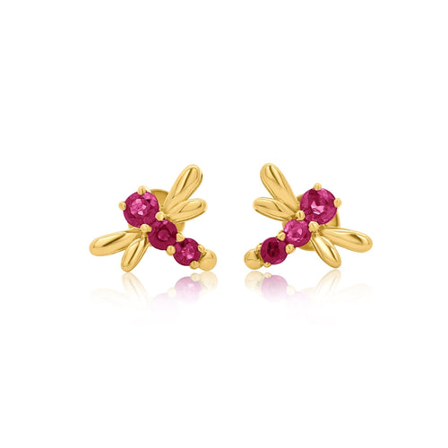 Ruby Dragonfly Stud Earrings in 14K Gold