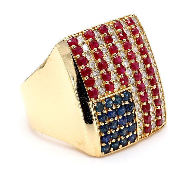 Ruby Sapphire & Diamond USA Flag 14K Gold Mens 4th of July Signet Ring