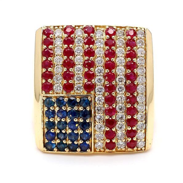 Ruby Sapphire & Diamond USA Flag 14K Gold Mens 4th of July Signet Ring