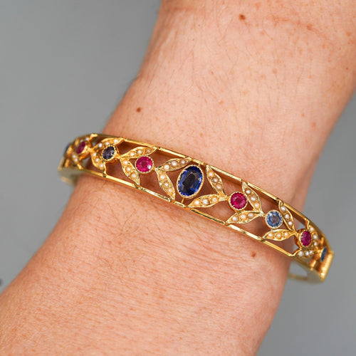 Sapphire, Ruby, & Seed Pearl 14K Gold Openwork Bangle Bracelet