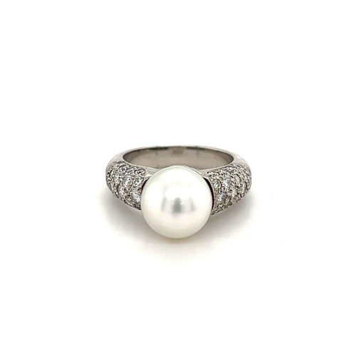 South Sea Pearl with Round Diamond Pave Side stones in Platinum Ring