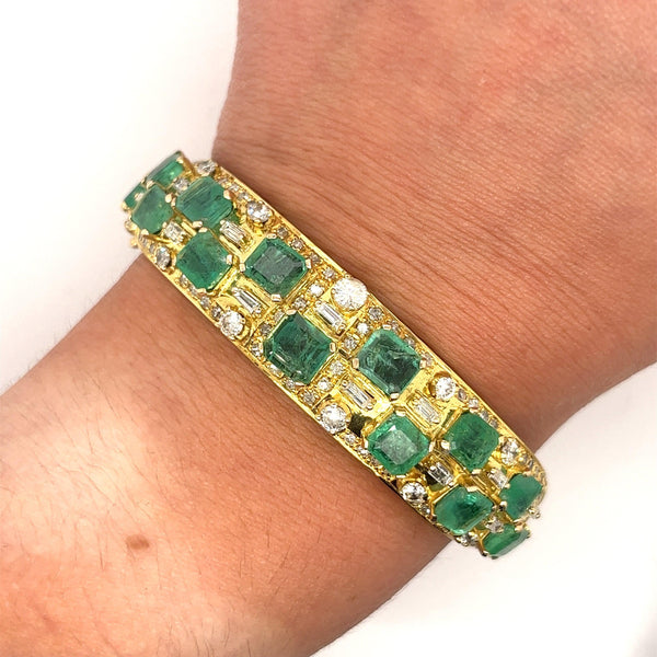 Square Cut Emerald and Baguette Diamond Bangle in 14k Yellow Gold