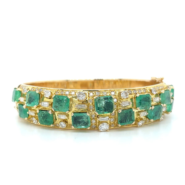 Square Cut Emerald and Baguette Diamond Bangle in 14k Yellow Gold