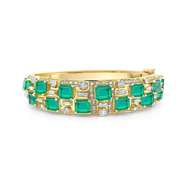 Square Cut Emerald and Baguette Diamond Bangle in 14k Yellow Gold