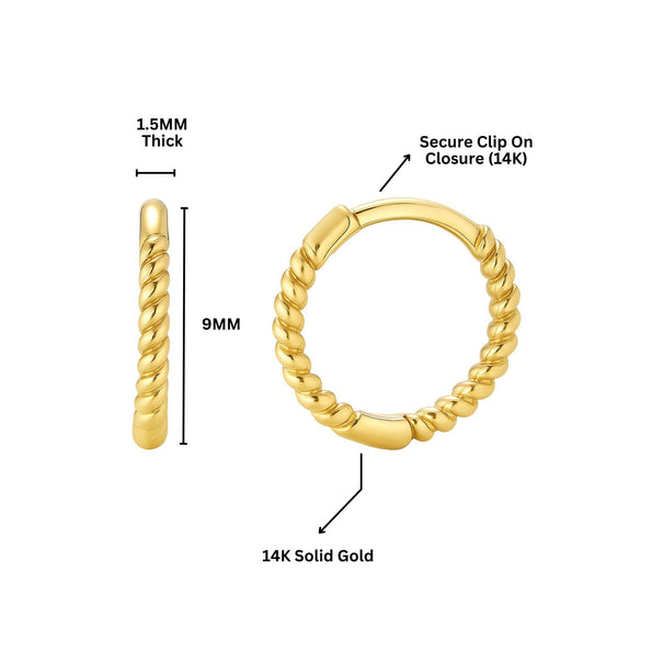 Tiny 9mm Rope Huggie Hoop 14k Gold Earrings