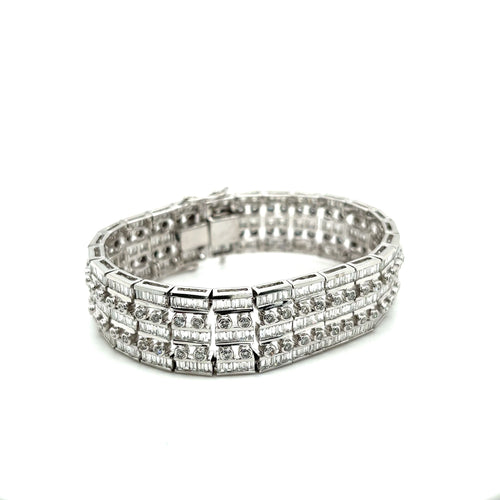 Unisex 18k Solid White Gold Baguette and Round Cut Natural Diamond 5-Row Multi Link Bracelet