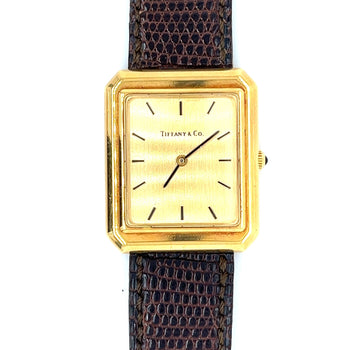 Unisex Tiffany & Co. Rectangular 18k Gold Watch with Leather Strap – Assay Jewelers