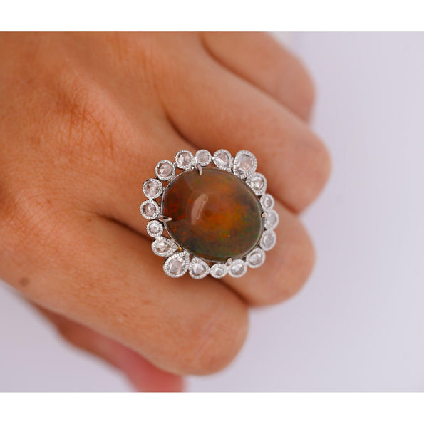 Vintage 11.36 Carat Opal and Briolette/Rose Cut Diamond Halo 18K Gold Ring
