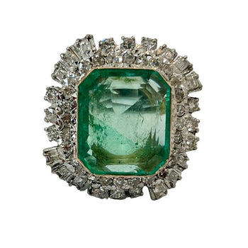 Bague halo Anciens en palladium avec émeraude colombienne 12 carats et diamants – Assay Jewelers