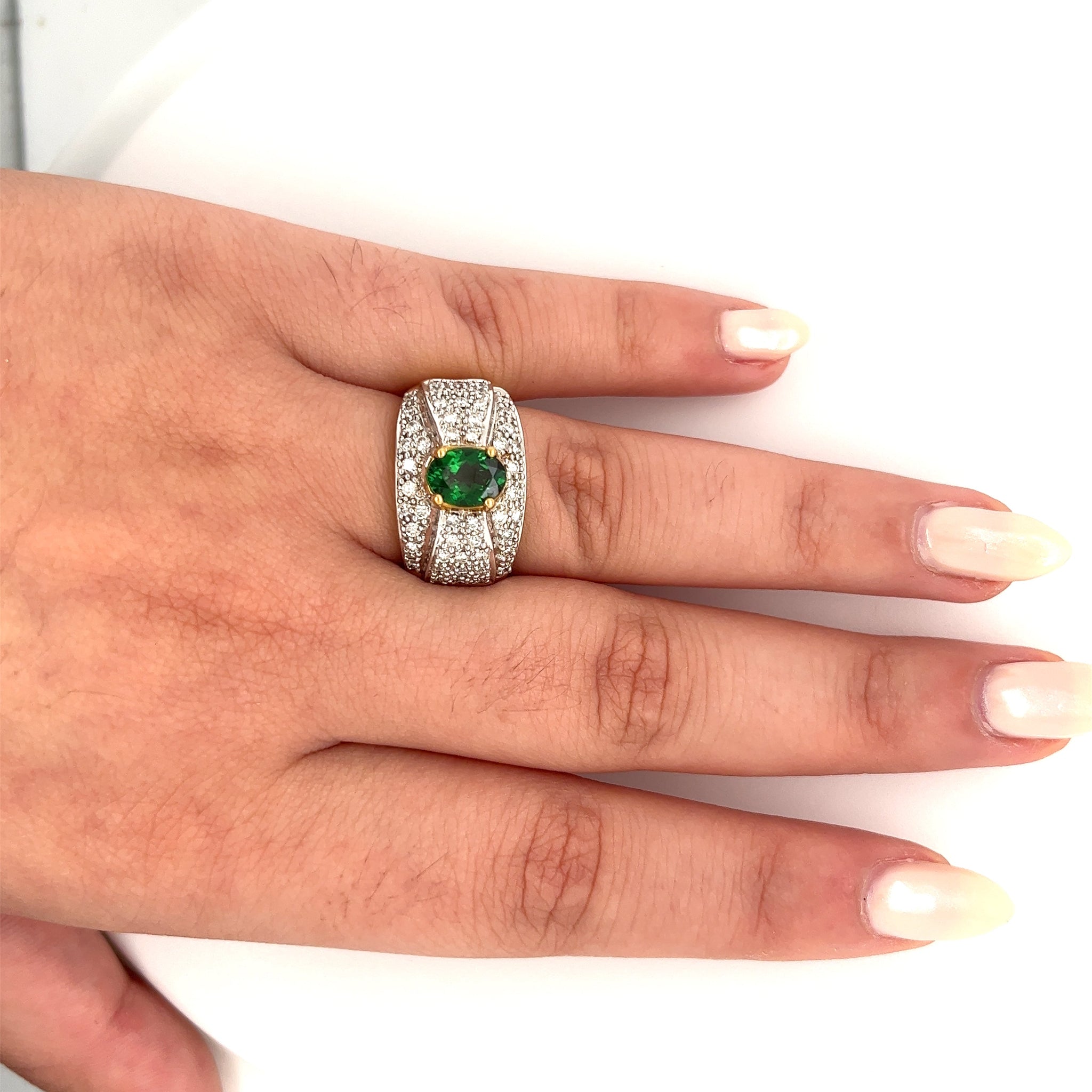 Vintage 1.50 Carat Oval Cut Green Tsavorite and Diamond Cluster Ring