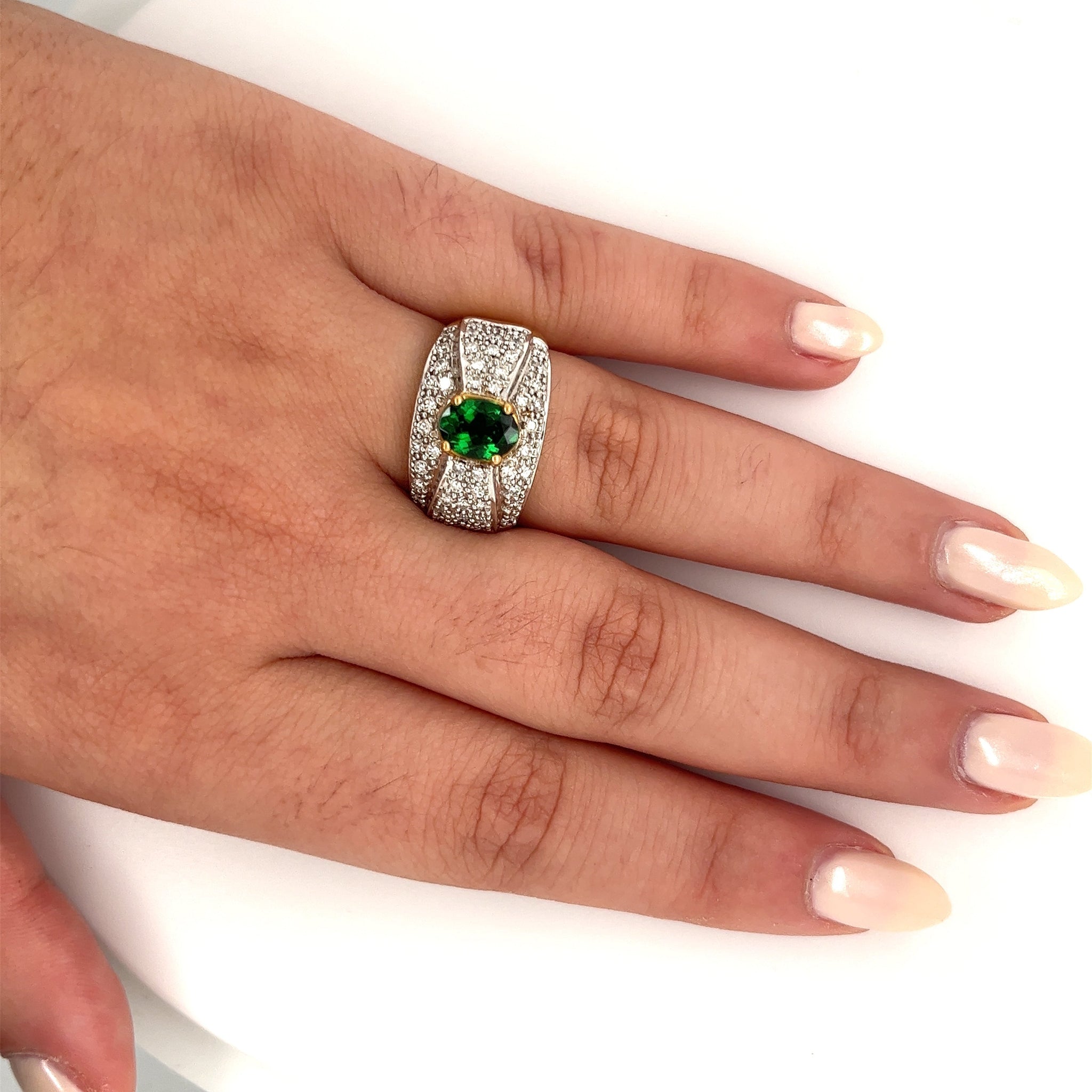 Vintage 1.50 Carat Oval Cut Green Tsavorite and Diamond Cluster Ring