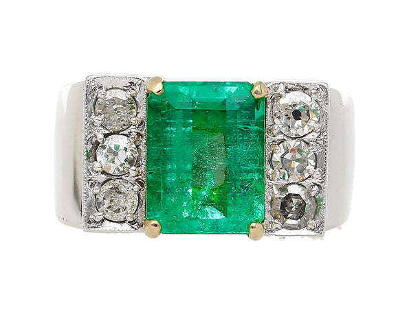 Vintage 3.04 Carat Emerald and Old Cut Diamond Men's Ring