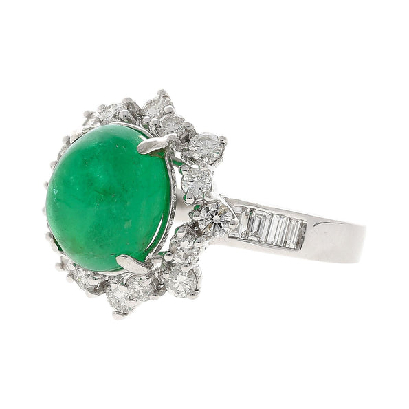 Vintage 3.32 Carat Cabochon Emerald and Diamond Halo Ring in 14K White Gold