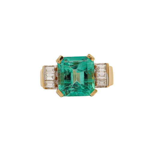 Vintage 5 Carat Emerald and Baguette Diamond in 18K Gold Ring